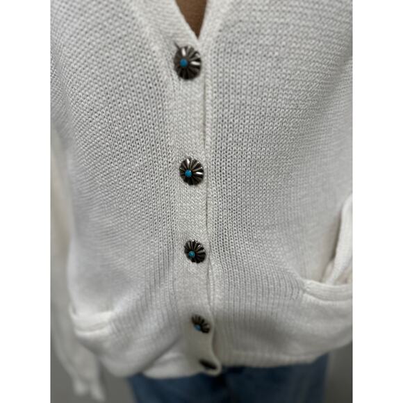 Y2K Ralph Lauren Mercerized Cotton Sweater Southwestern Turquoise Concho Button - Picture 4 of 9
